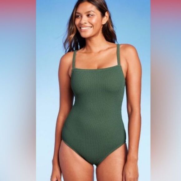 Kona Sol 17 Hunter Green Ribbed Stretch Square Neck One piece Swimsuit - Picture 1 of 12